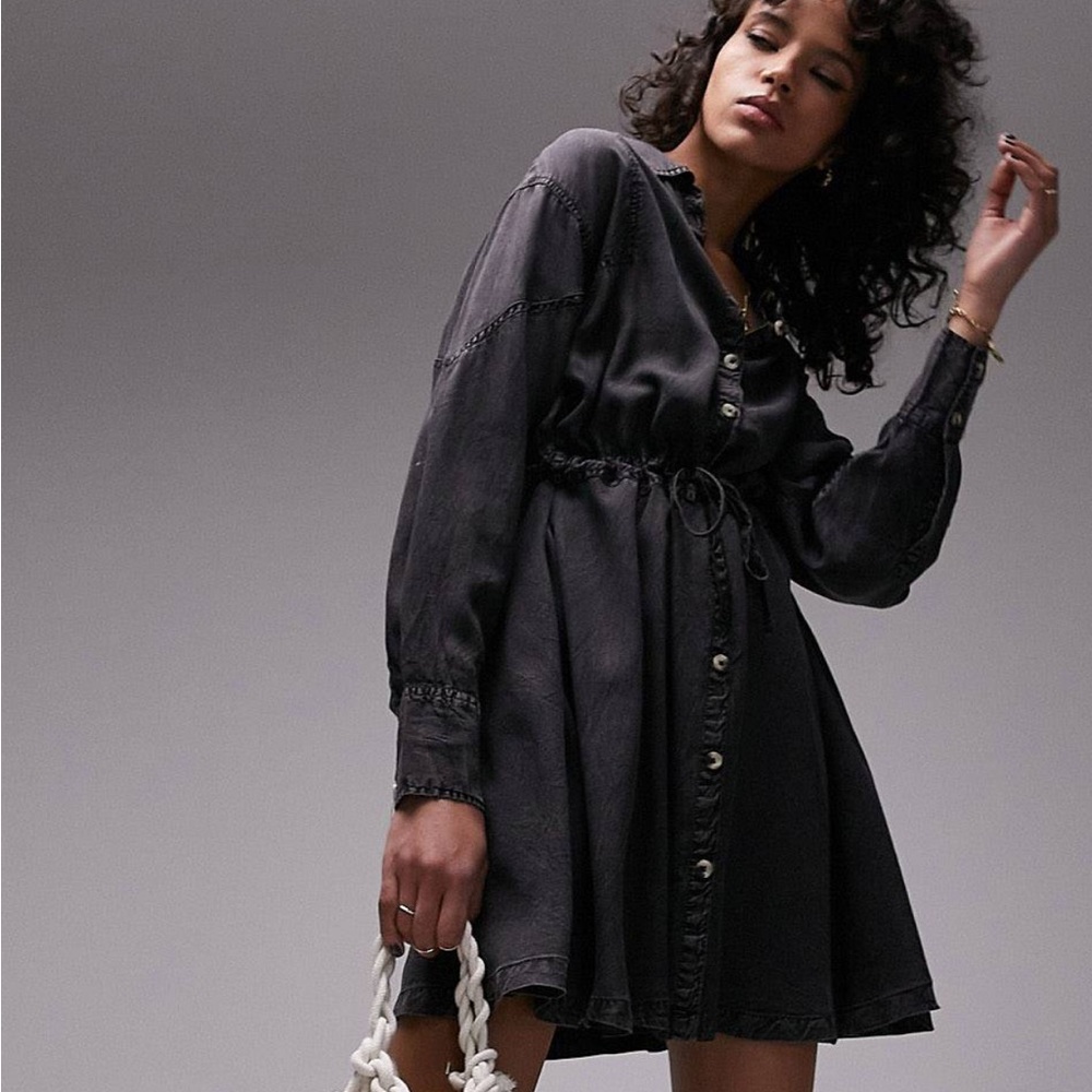 Topshop Mini Shirt Dress with Tie Waist in Charcoal 8